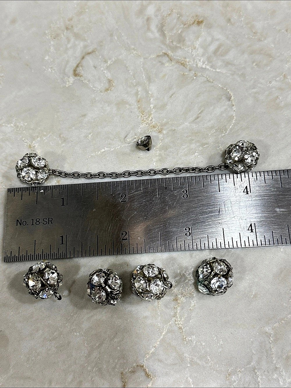 Vintage Silver-Tone Rhinestone 4 buttons and chain with same on ends Set